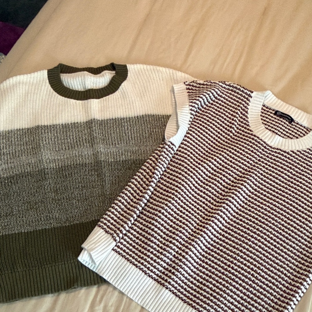 Viral Striped Crewneck tops bundle - White & Olive and brown & white M